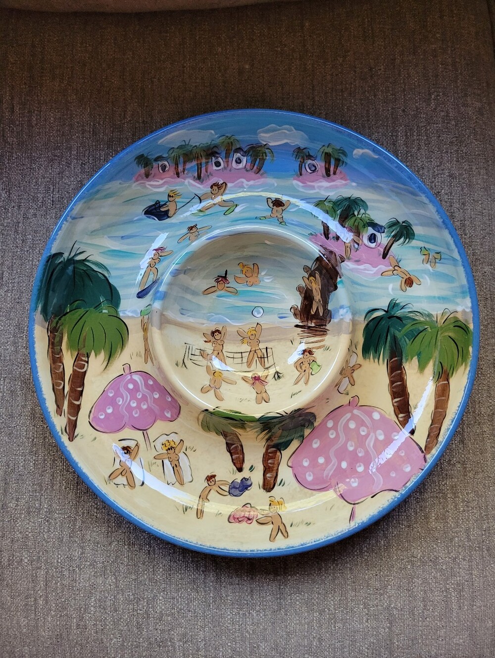 Vintage Lesal Ceramic Hand-Painted Nude Beach Chip & Dip Platter One Of A Kind